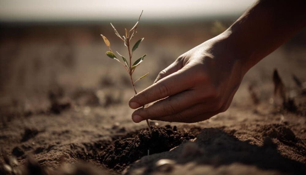 Image: a person's hand planting a plant (s. lunar agriculture)