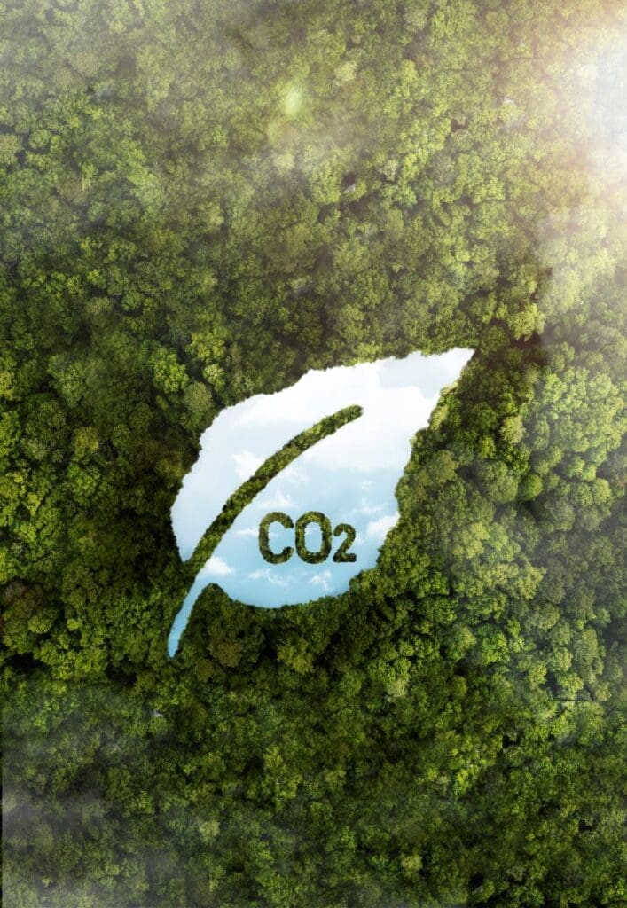 Image: View of green forest trees with co2 (s. carbon, Earth)