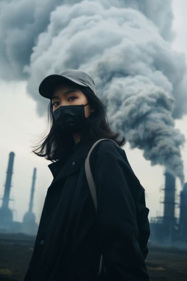 Image: woman with a mask, pollution (AI Gen.) (s. cop28, climate change)