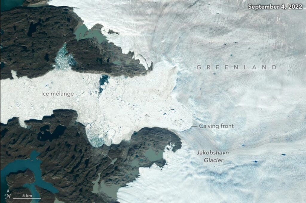 Jakobshavn Isbrae Glacier is shown in imagery taken on September 4, 2022, by Landsat 8, NASA/USGS