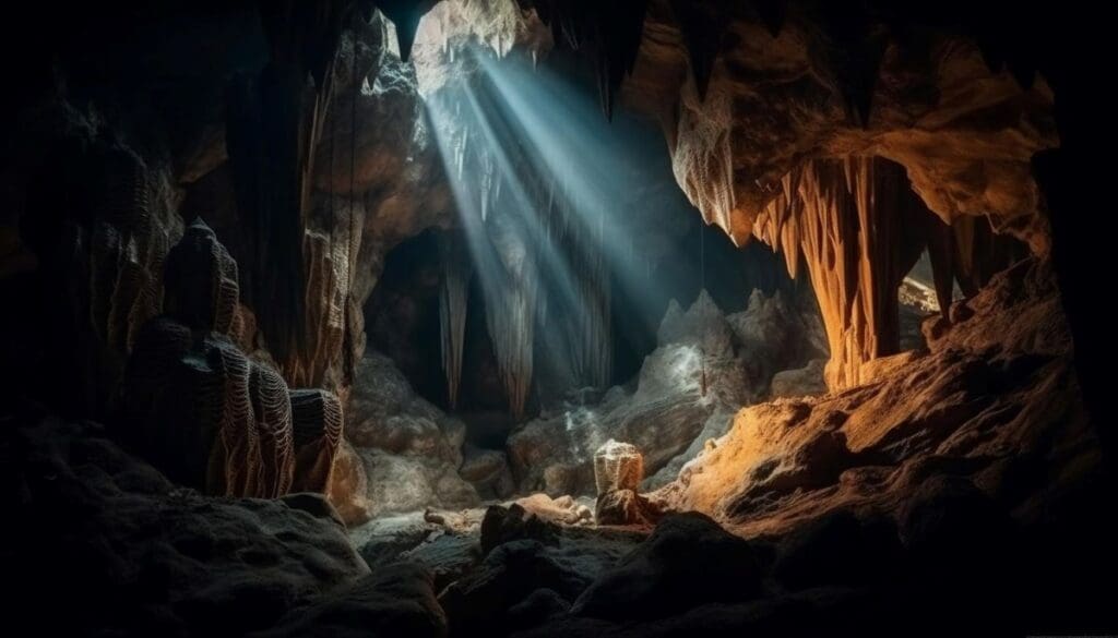 Climate change threatens Earth's largest reserves of drinking water Majestic stalactites and stalagmites in underground grotto generative AI