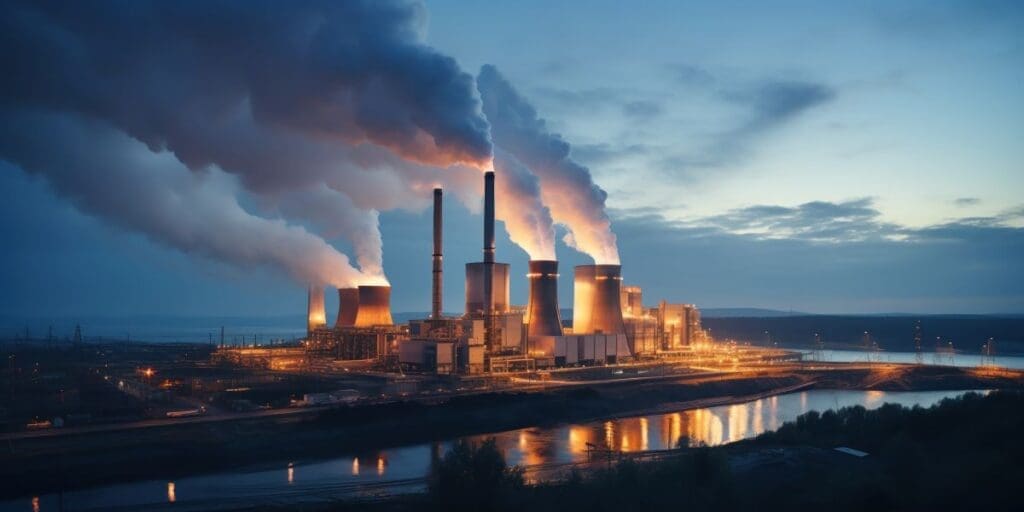 Image: Energy power plant at dusk industrial silhouette