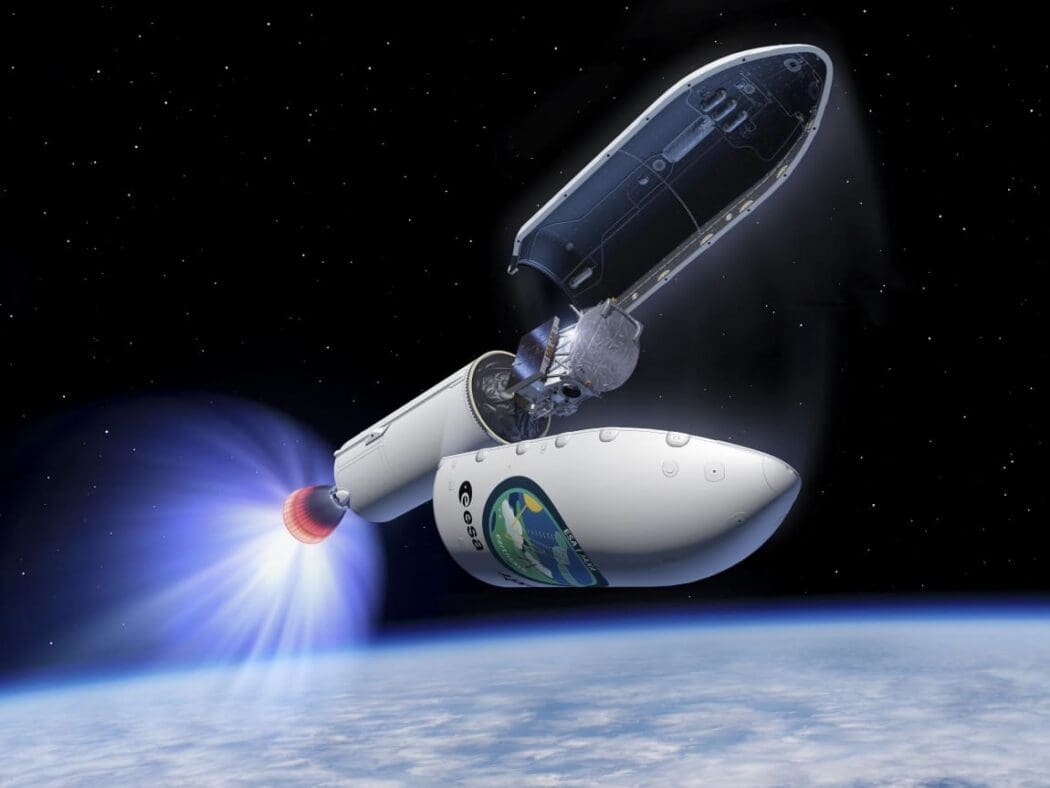 Image: Artist's view of EarthCARE satellite on board a Falcon 9 launch vehicle