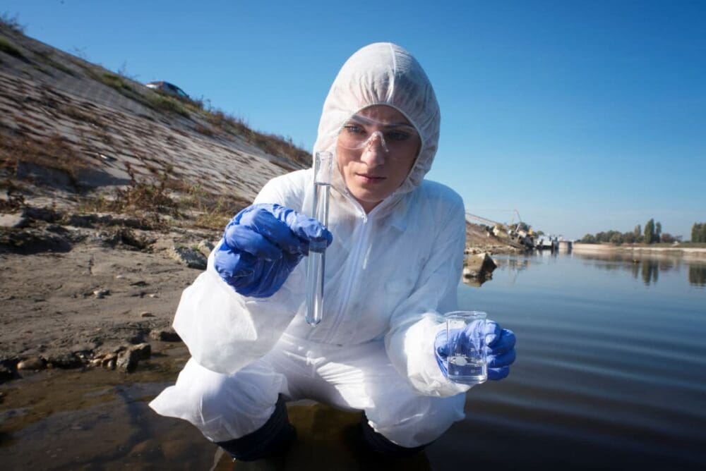 Image: Ecologist taking water sample from the river with test tube for examination (s. pollution, cancer)