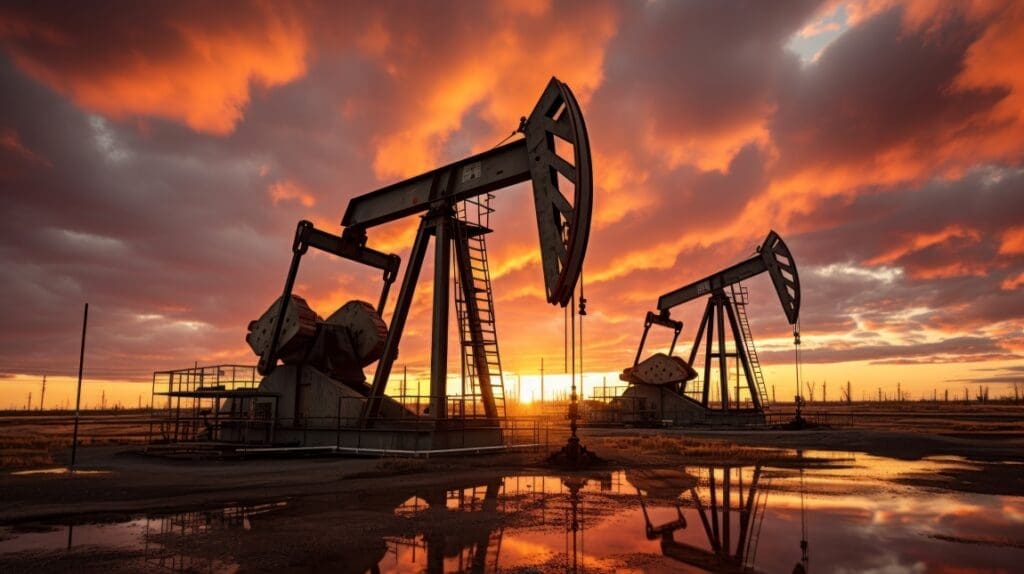 Oil pumps work rhythmically against the backdrop of dusky sky