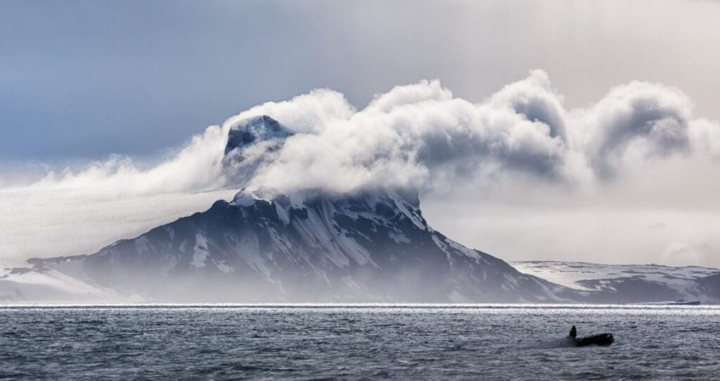 Antarctica, icebergs, clouds