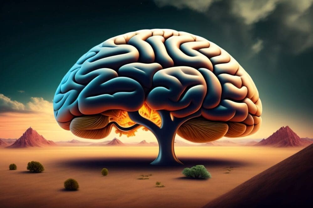 Image: A tree with a brain on it that is on a desert background (AI Gen.)