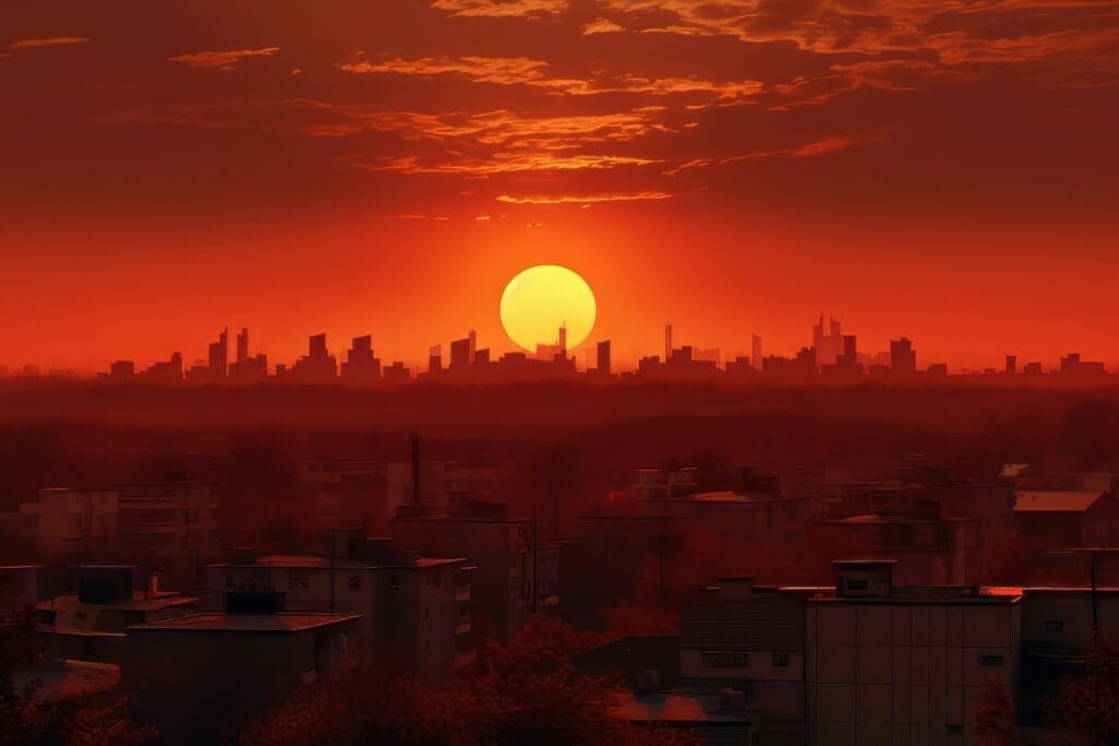 What will my city’s climate feel like in 60 years? Image: 3d view of sun on sky with city horizon (AI Gen.)