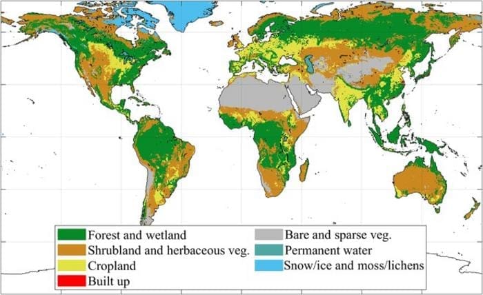 Graphic: Global distribution of the land cover used in the analysis (nature of the planetary boundary layer)