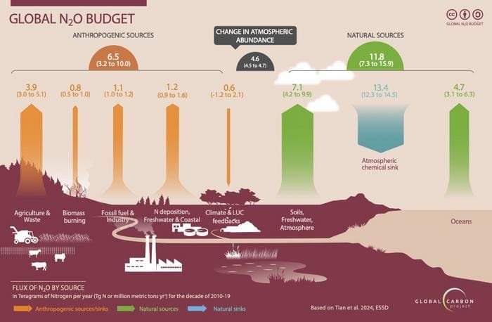New study finds human-caused nitrous oxide emissions grew 40 percent from 1980-2020, greatly accelerating climate change Low Res Global N2O Budget2024 simpleFigure FINAL