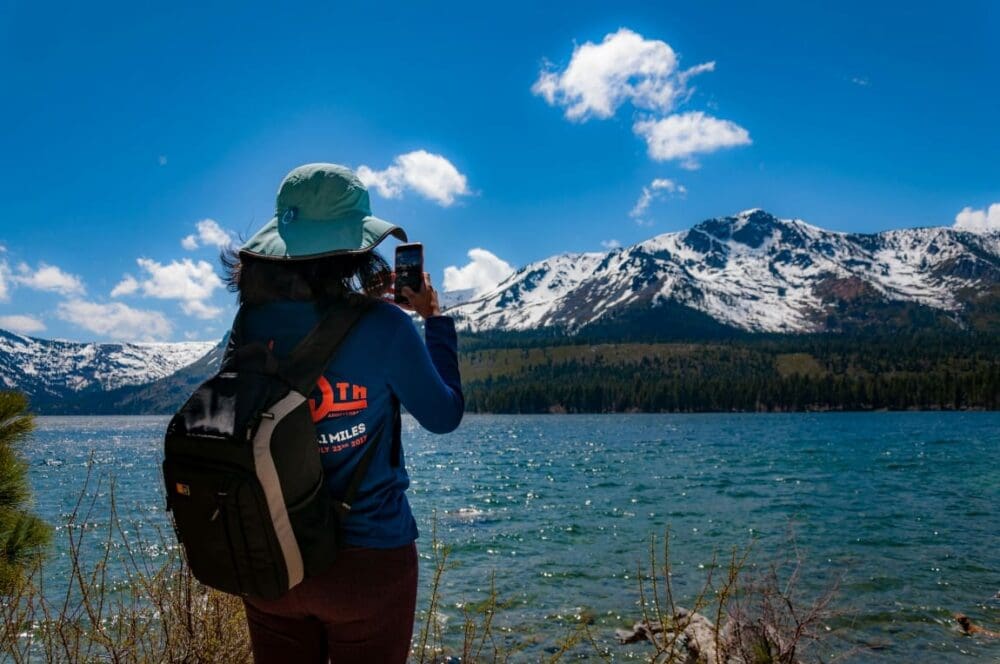 Image: Lake Tahoe; a shot of the snow capped peaks of Tahoe