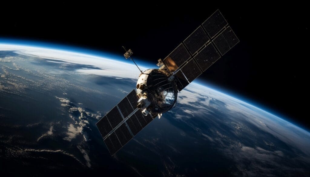 Image: A satellite in orbit with the planet earth in the background (s. Climate change, space, emissions)