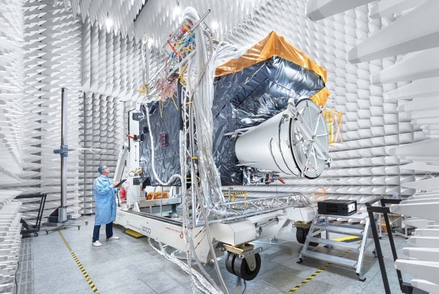 Weather satellite passes bake and shake tests with flying colours MTG S1 in the anechoic chamberESA res