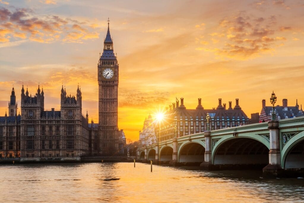 Image: Big Ben and Westminster Bridge at sunset, London, UK