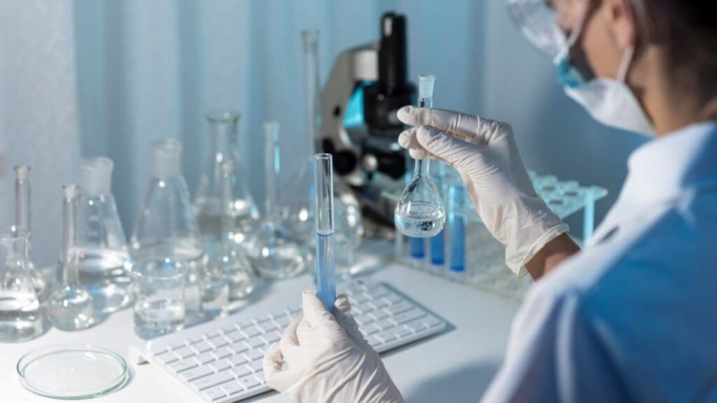 NARO developed a novel method to analyze 'forever chemicals' in the soil close up researcher holding glassware res