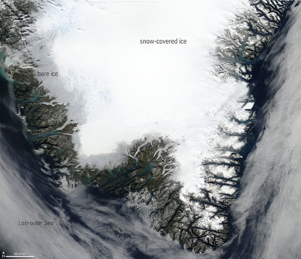 Satellite image of southern Greenland on the afternoon of September 4, 2022. Bare, dirty ice at the margin of the ice sheet appears gray. Snow-covered ice is bright white. Pale blue ribbons and circles are lakes, rivers and ponds. (s. climate models, albedo)