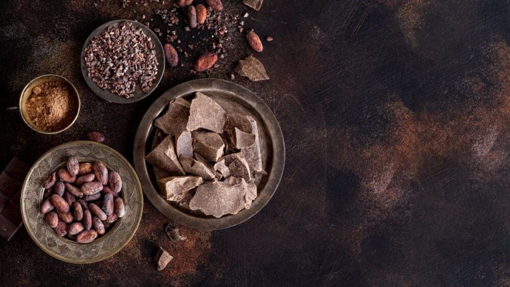 Image: Flat lay of chocolate chunks on plate with cocoa beans and powder and copy