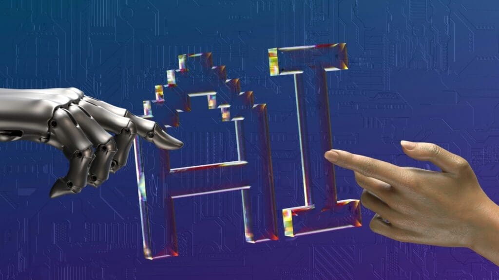 Image: two hands touching each other in front of a blue background (AI)