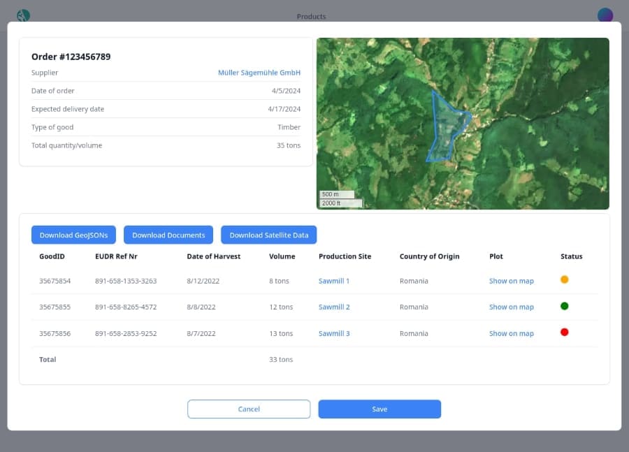 Image: screenshot of a software solution page (s. deforestation, forests, satellite images)