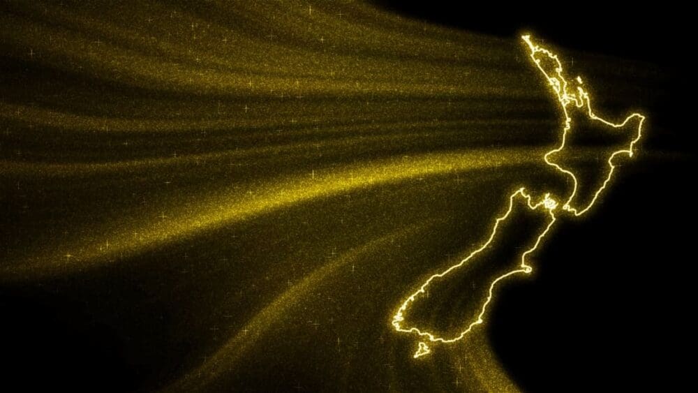 Image: Map of new zealand, gold glitter map on dark background