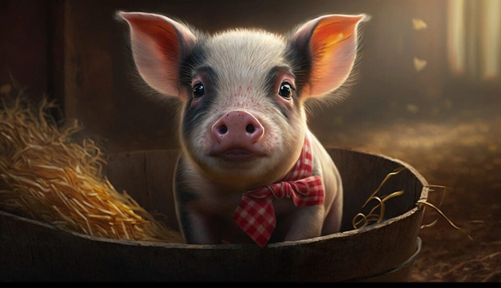 We're not eating Peppa! Preschoolers befriend farm animals Image: A pig in a bucket with a checkered bow tie sits in a hay bale (AI Generated)
