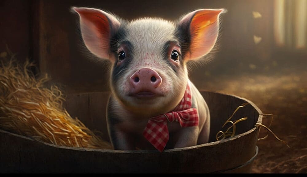 Image: A pig in a bucket with a checkered bow tie sits in a hay bale (AI Generated)