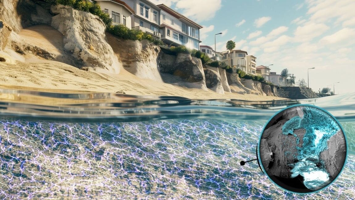 An artistic illustration of how electricity can strength the sand along ocean coastlines. The inset shows a microscopy image of a "natural cement" (in blue) formed among grains of sand