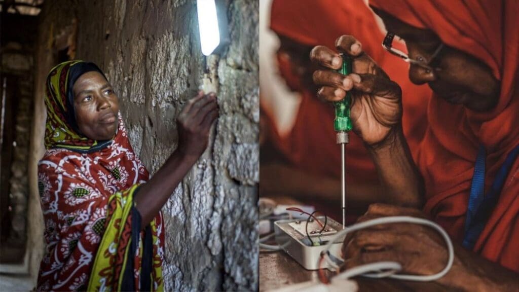 Image: Solar Mamas working with solar panels as part of Barefoot College Zanzibar