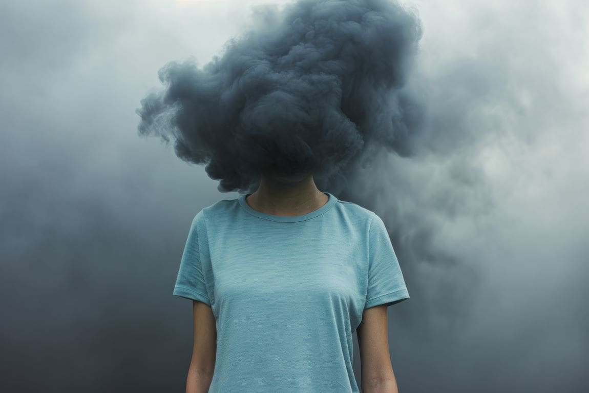 Concept portrait of overstimulated person: repetition, confusion, belief