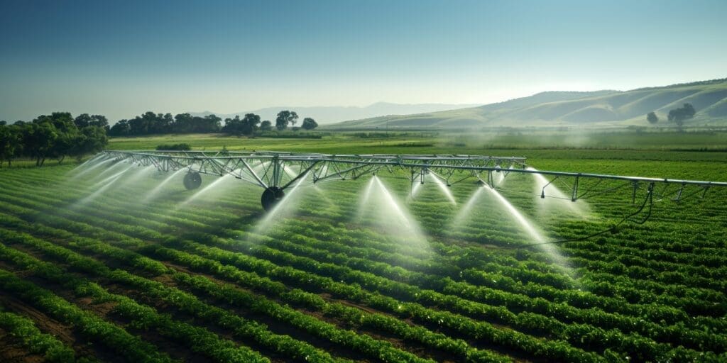 Image: Refreshment from above as sprinklers arc water over the geometric greenery of the fields (AI Gen.) (s. groundwater, Europe, climate)