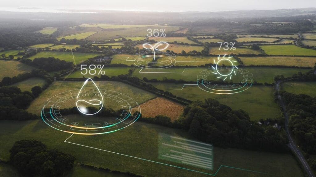 Balancing technology and governance are key to achieving climate goals Image: Digital screen with agriculture fields