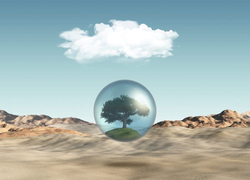 A tree in the globe hovering in desert - abstract image (s. research, science, climate)