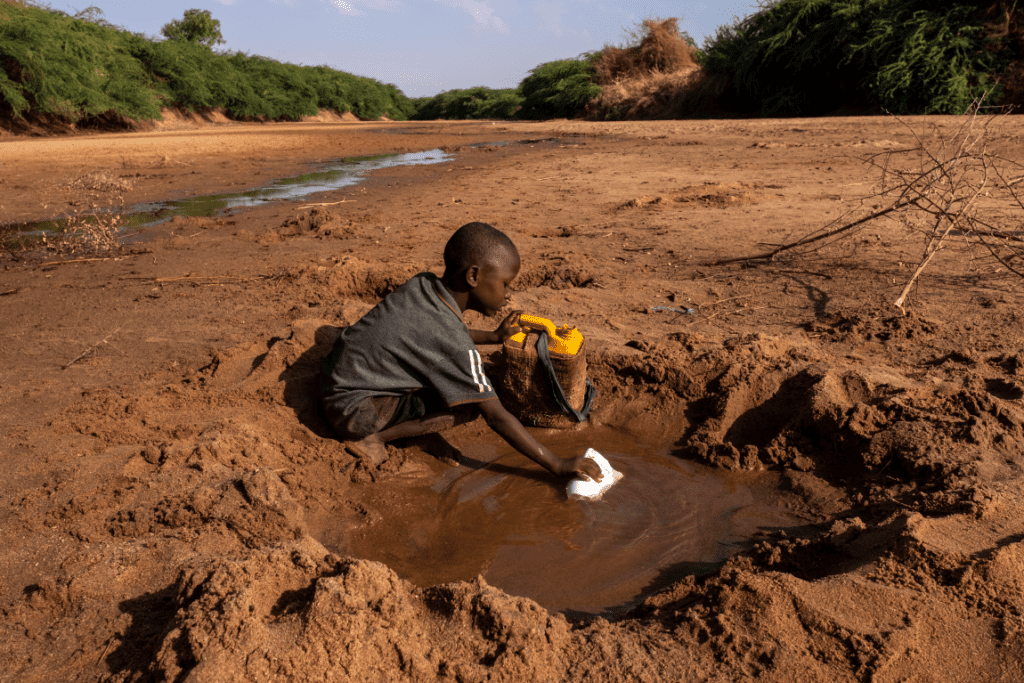 Image: A young boy collects what little water he can from a dried up river due to severe drought