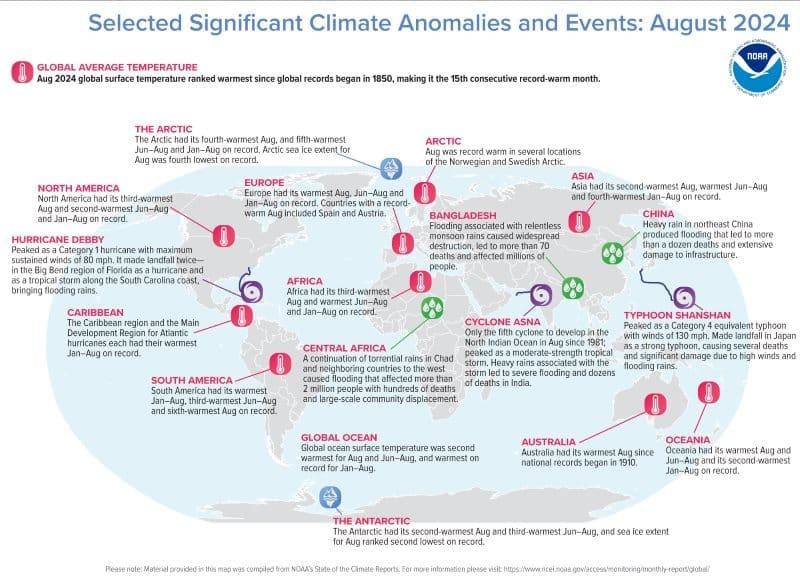 August 2024 Selected Global Climate Anomalies and Events Map
