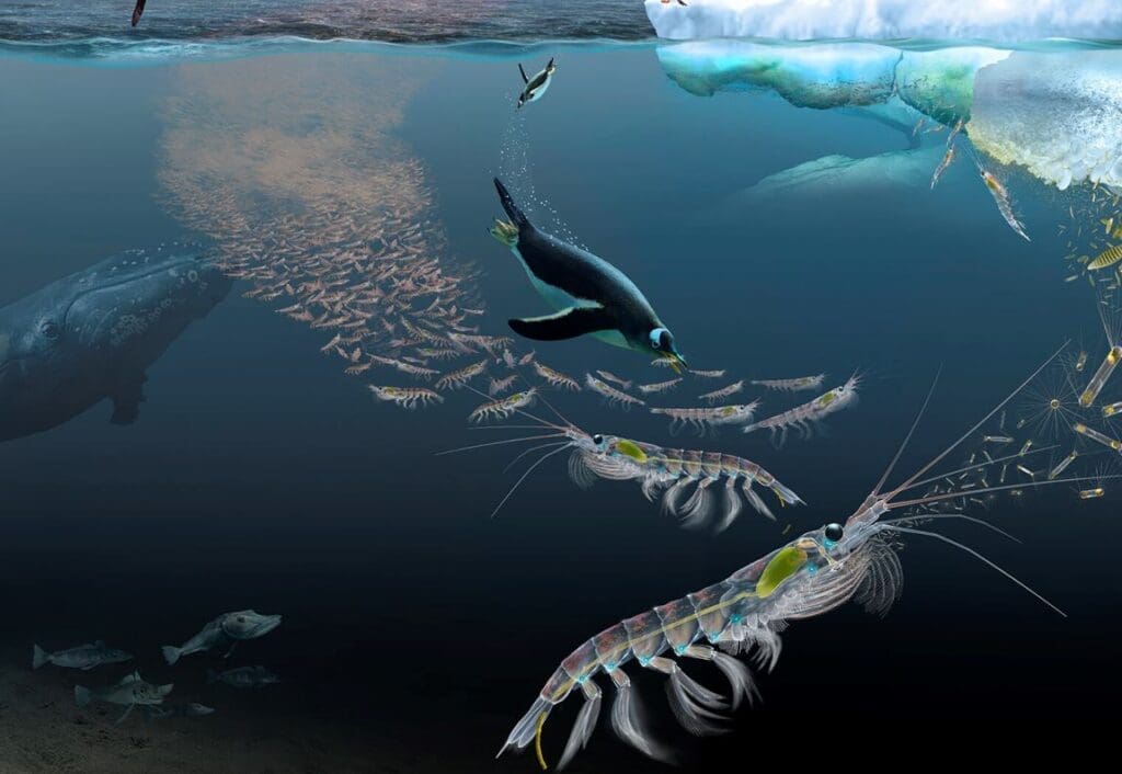 Antarctic krill lock away carbon on par with seagrass and mangroves Image: Illustration of krill in the Southern Ocean ecosystem