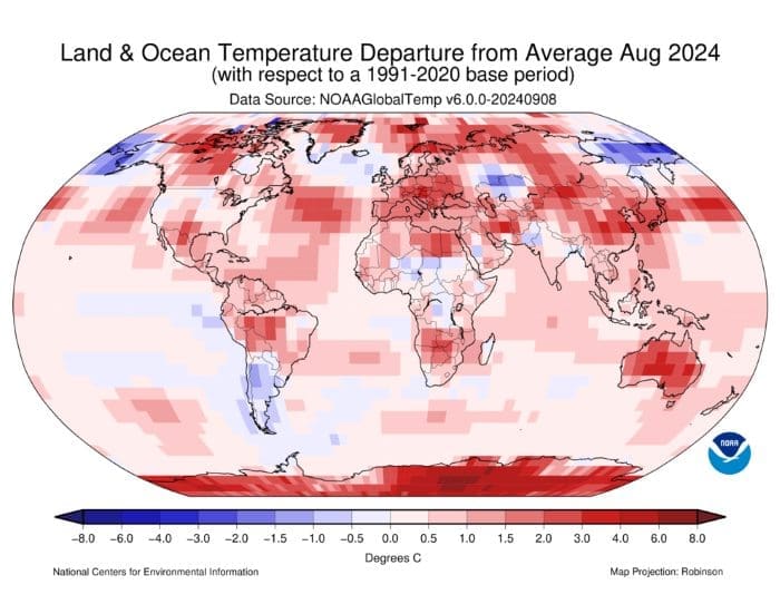 August 2024 Blended Land and Sea Surface Temperature Anomalies in degrees Celsius