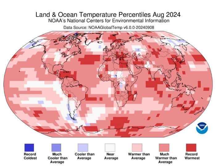 August 2024 Blended Land and Sea Surface Temperature Percentiles