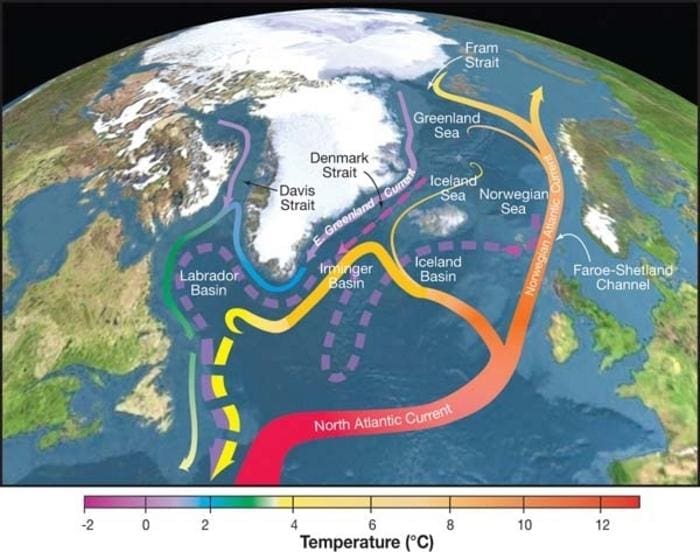 Image: Map depicting the direction that the AMOC carries warm water, from the tropics to higher latitudes