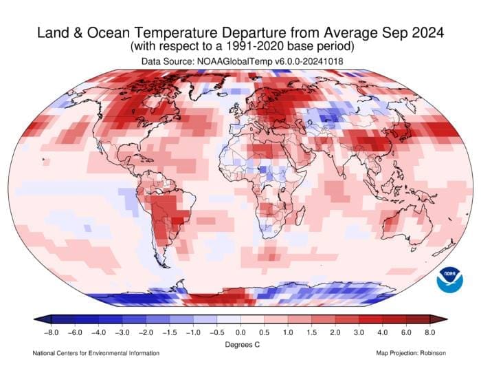 Image: Global map of Surface Temperature Departure from the 1991–2020 Average for September 2024 (°C) with warmer areas in gradients of red and cooler areas in gradients of blue (s. global climate Sept 2024)