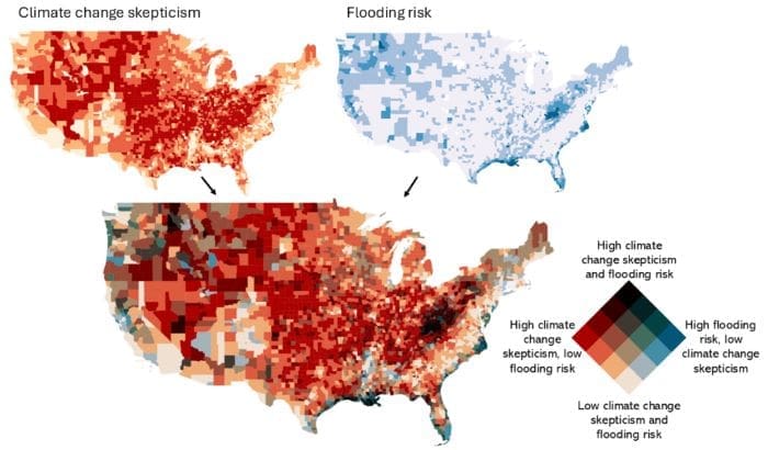 Darker areas in this map show where a confluence of flood risk and climate change skepticism is making communities particularly vulnerable to flooding.