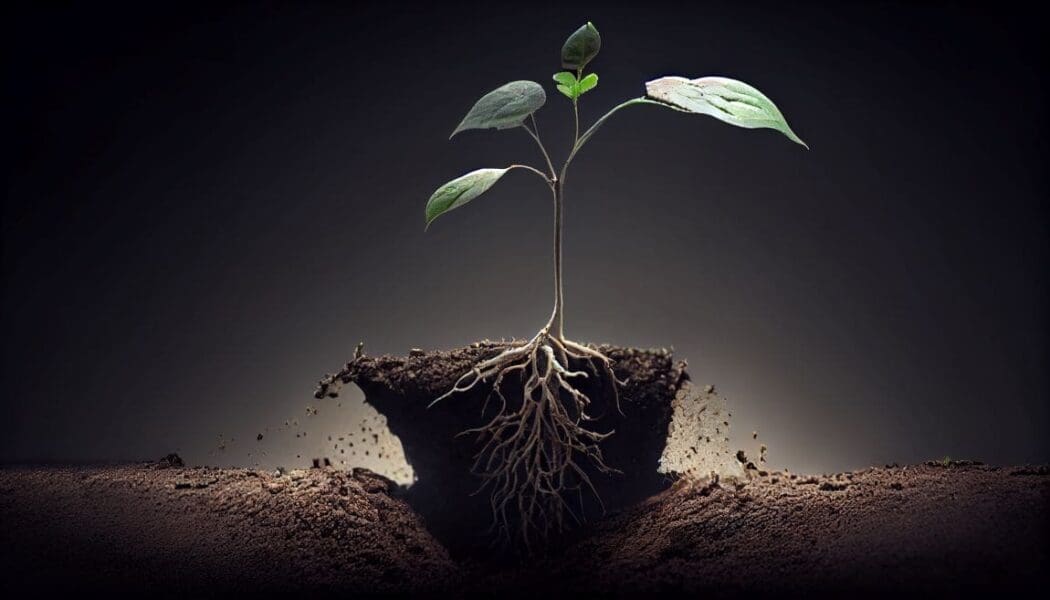 New life emerges with seedling growth and roots (AI Ge., fungi, soil, carbon)