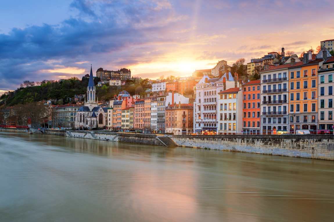 Image: View of Saone river in Lyon city at sunset, France
