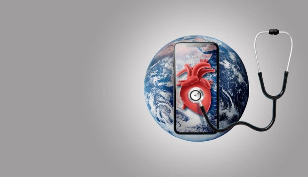 Image: Smartphone on earth with stethoscope on a heart