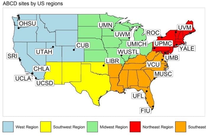 Geographic distribution of the 21 ABCD Study sites across the US. Map created using R depicting study sites included in the ABCD Study within five US regions (s. children, pollution, health)