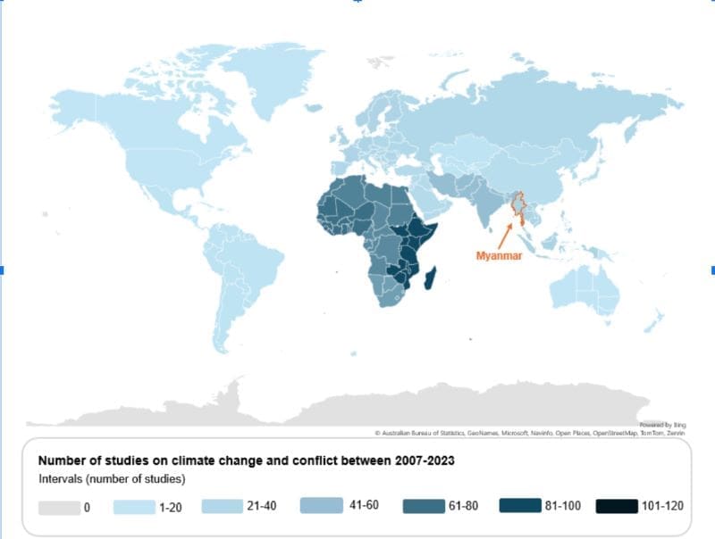 Map of the number of studies on climate change and conflict between 2007-2023