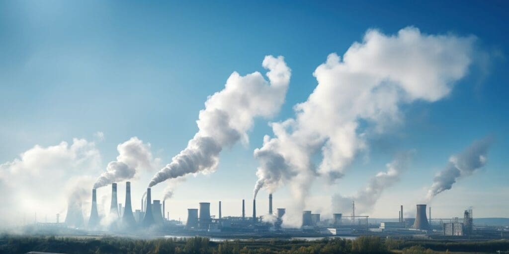 Smokestacks against a clear sky industrial landscape (s. climate, sdg, pollution)