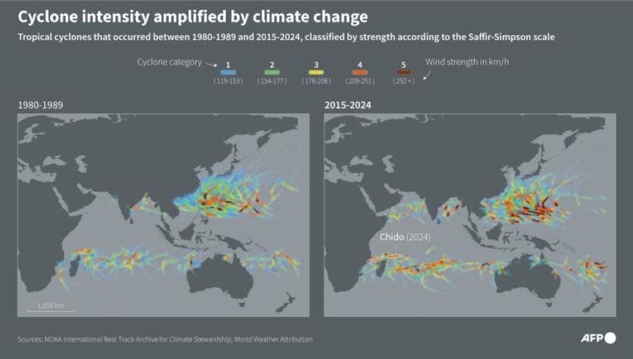 Maps comparing the tropical cyclones that occurred between 1980-1989 and 2015-2024