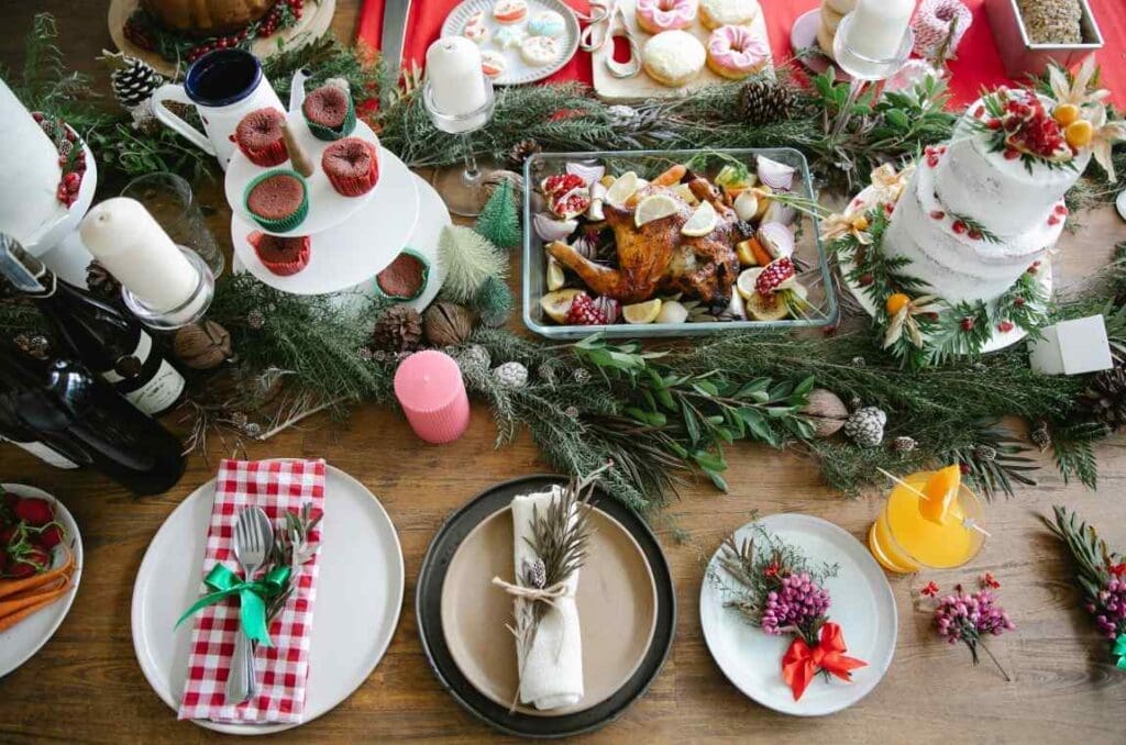 Cutting calories isn’t the only way to live healthy Delicious Christmas dinner on table with dessert and turkey