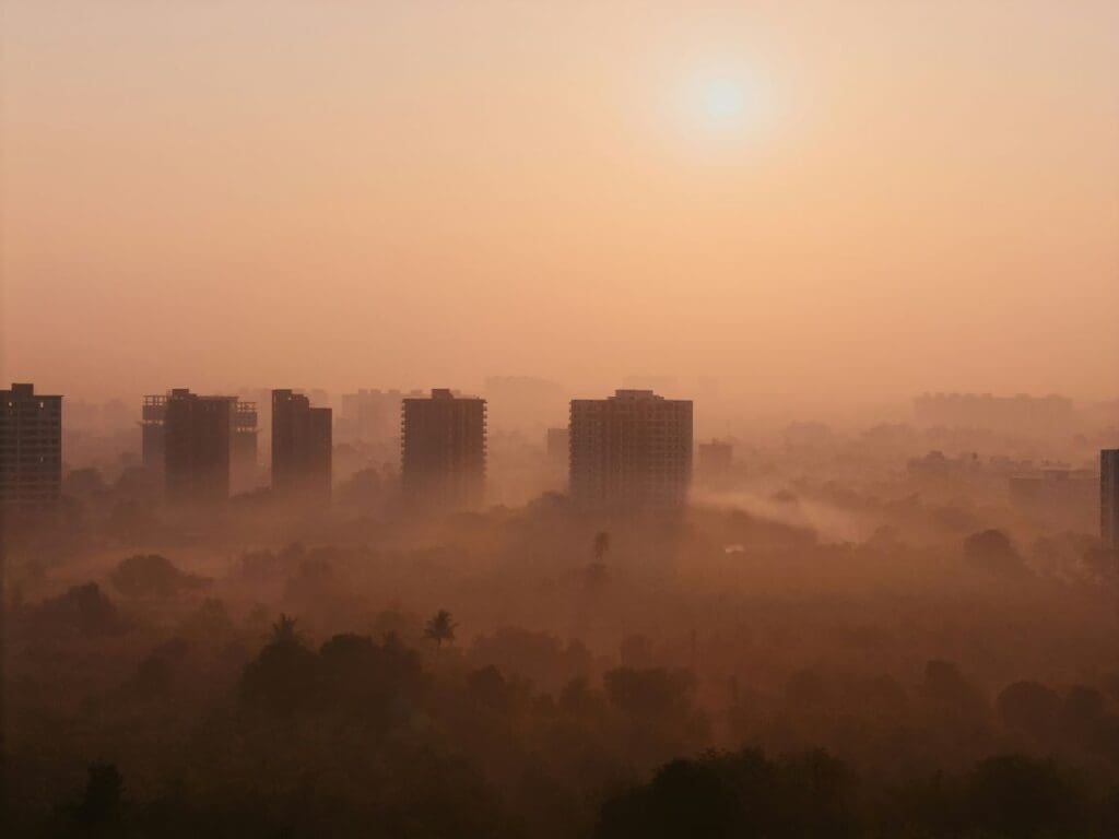 City buildings in the fog