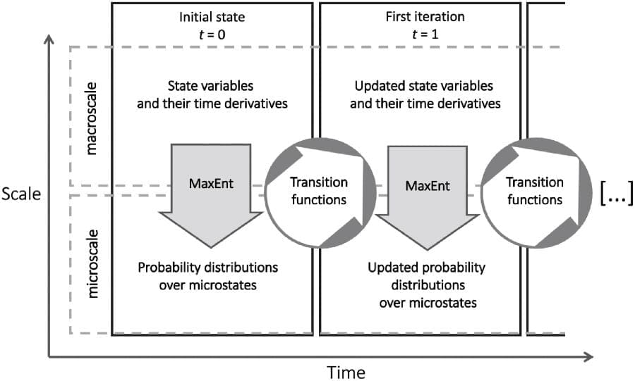 The essential concepts in Dynamic Maxent across Entwined Scales (DyMES). Maxent imposes constraints derived from the time-evolving macroscale state variables on the probability distributions of the microstates of the system, and mechanistic microstate dynamics are expressed using transition function that can depend upon state variables as well as upon microvariables. Macroscale variables are updated in time by suitable averages of state variables and their time derivatives over the probability distributions. This results in a theory that hybridizes mechanism and Maxent (s. Complex systems)